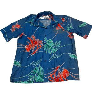 Vintage Hilo Hatties Hawaiian Shirt XL Blue Red Green Floral Cotton Aloha Top